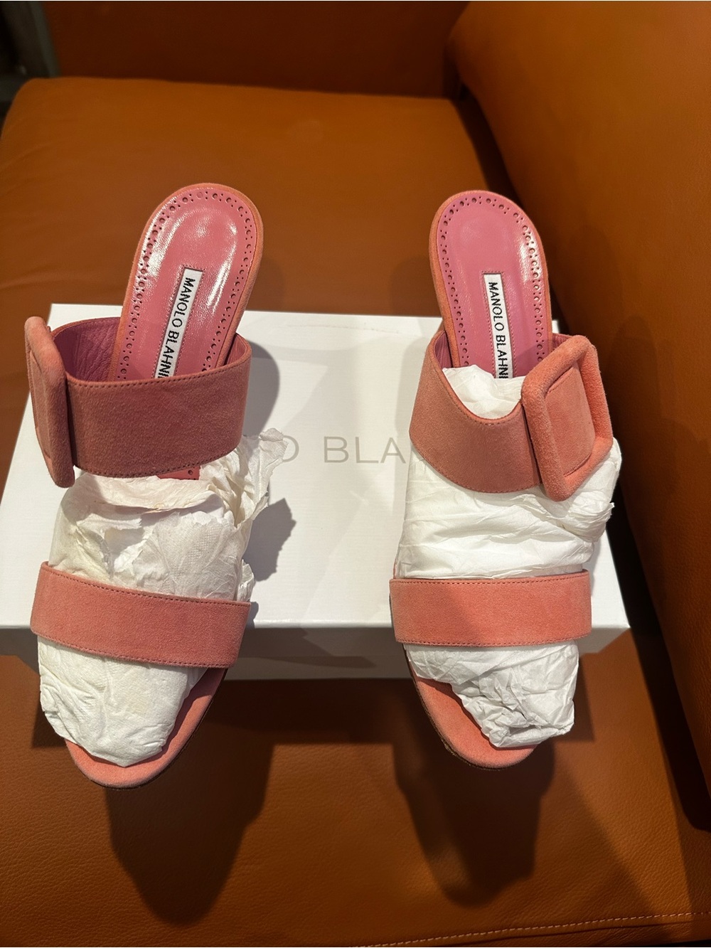 Manolo Blahnik Pink Suede Double-Strap Slide Mules